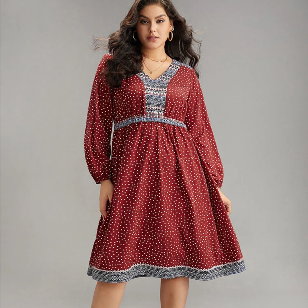 NWT Bloomchic Boho Print Lantern Sleeve Elastic Waist Dress